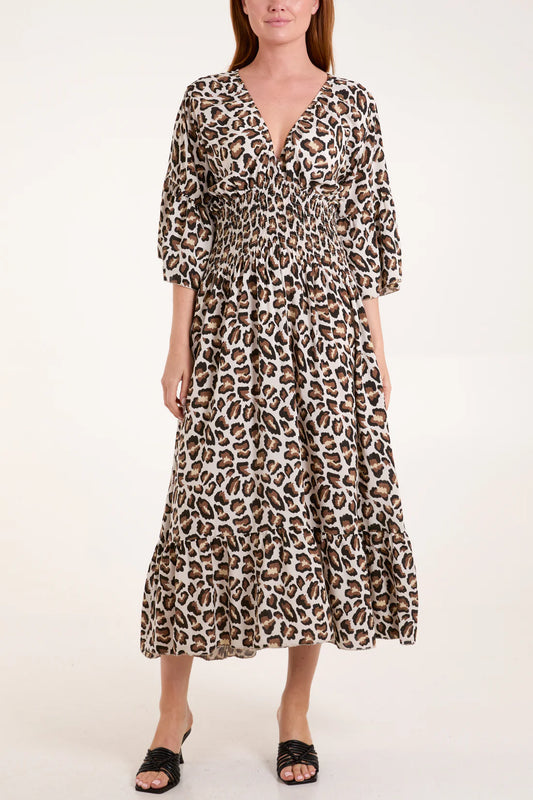 Joanna V Neck Shirred Waist Leopard Print Midaxi Dress - Neutral Mocha