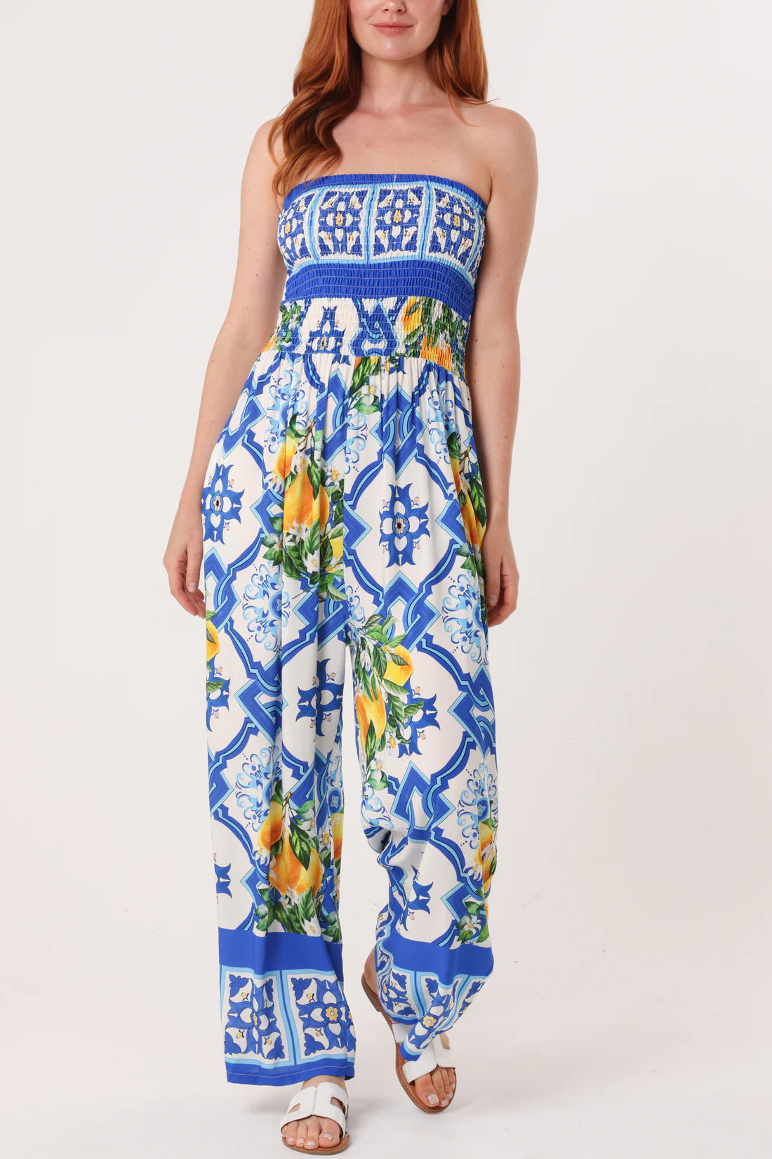 Limoncello Lemon Print Shirred Bandeau Jumpsuit - Navy, Lapis Blue, Black Or Green