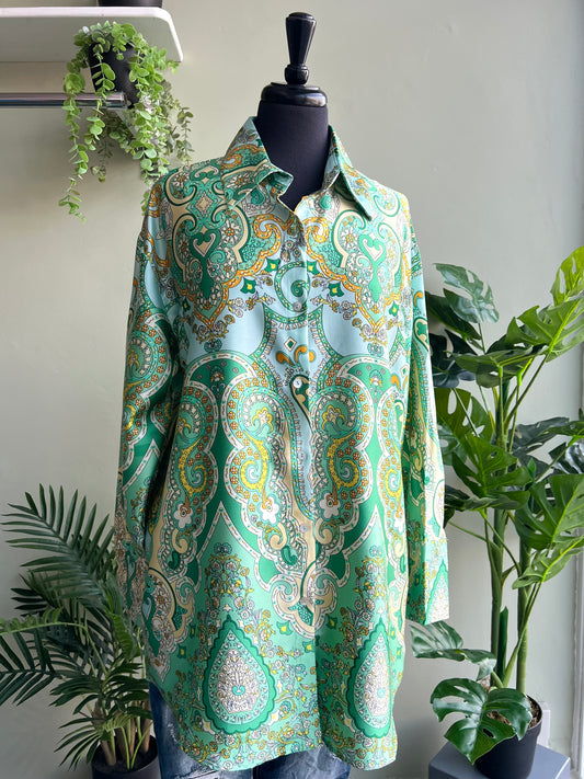 Maya Paisley Scarf Print Satin Shirt - Green & Turquoise