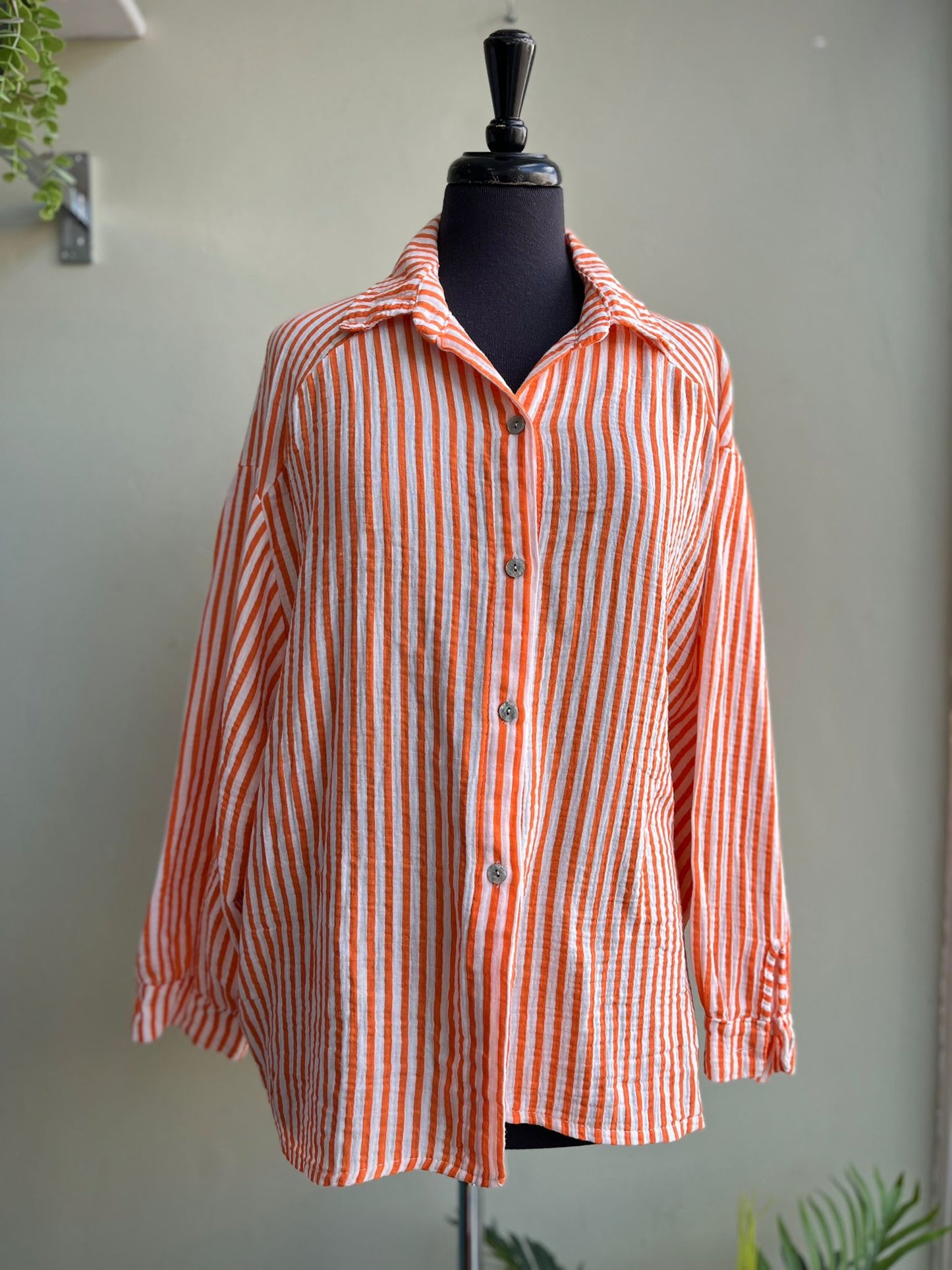Faith Slouchy Striped Shirt - Textured Cotton Cheesecloth- Blue & White Or Orange & White