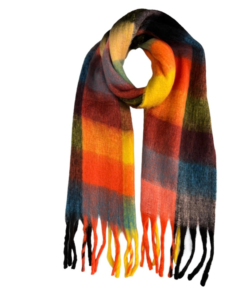 Orange Multi Checked Wool Mix Blanket Scarf