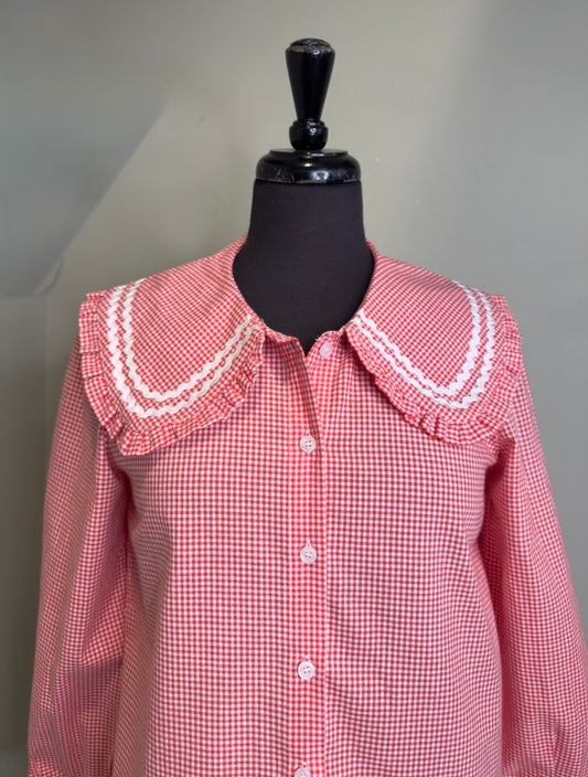 Charlotte Red Gingham Shirt With Large Pilgrim Collar With Ric Rac Trim