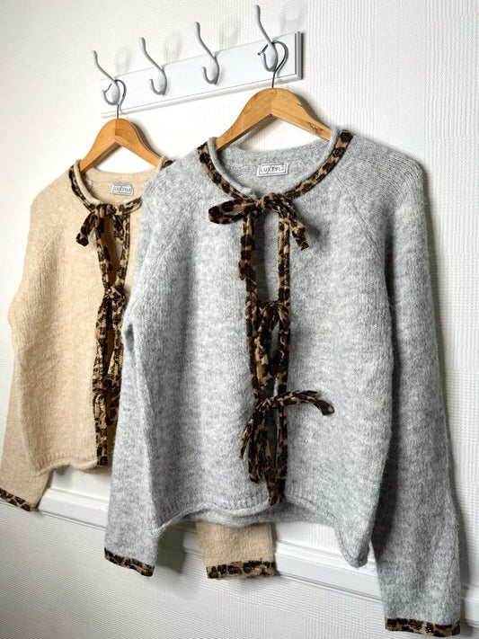 Isabelle Bow Tie Front Leopard Print Trim Cardigan - 2 Colours