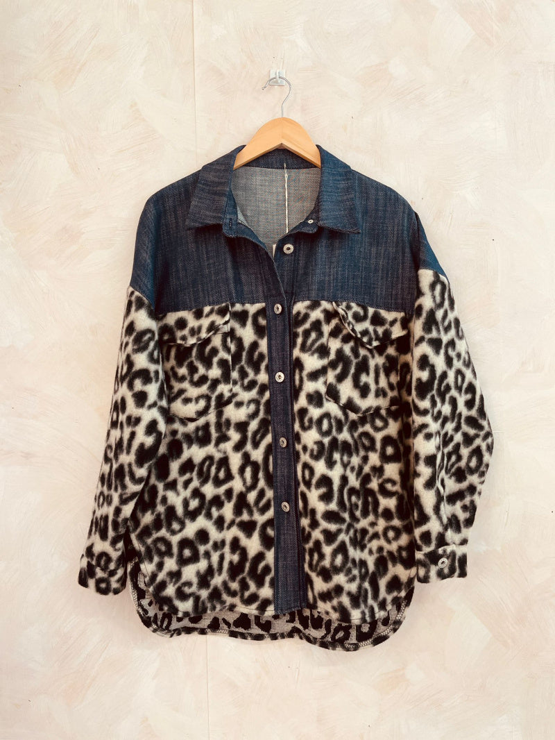 Natalie Denim Shacket With Leopard Print Fleece Panels