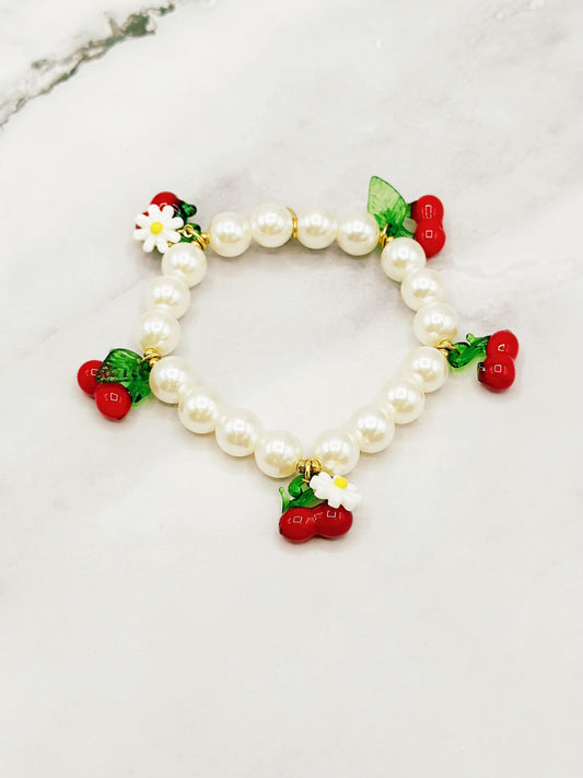 Pearl Bracelet With Cherry & Daisy Charms