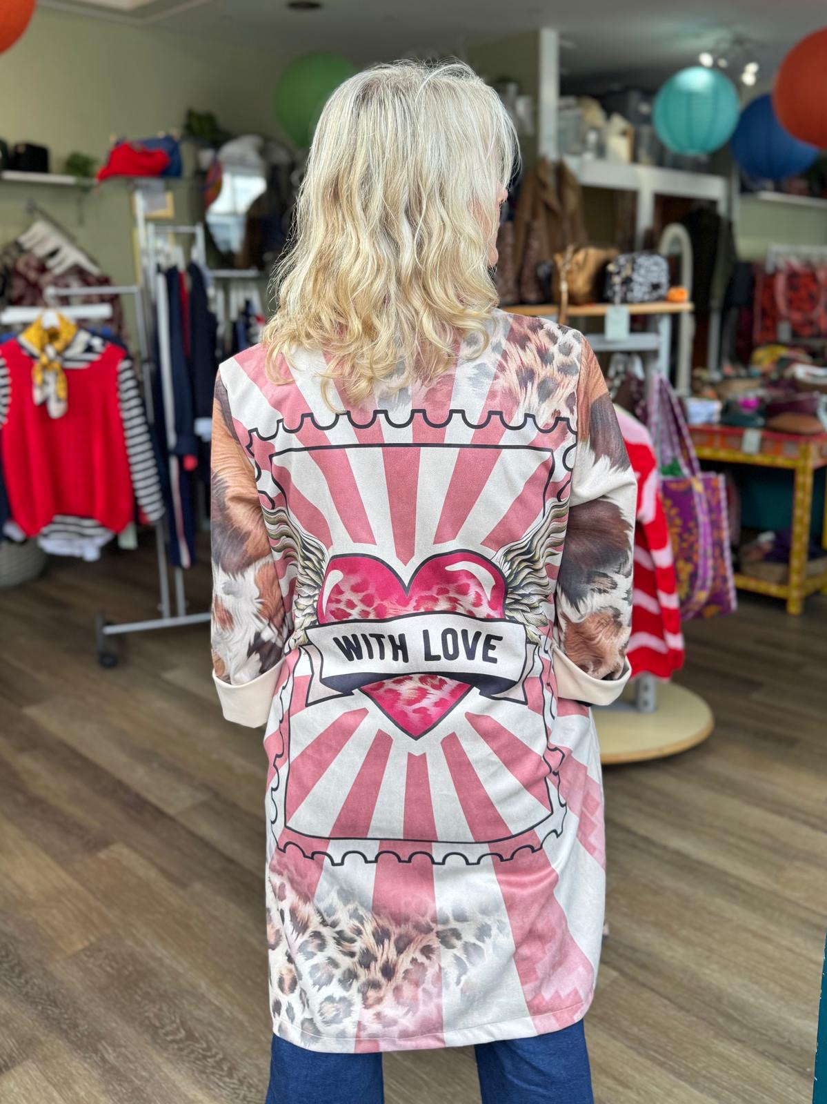 With Love Faux Suede Graphic Duster Coat