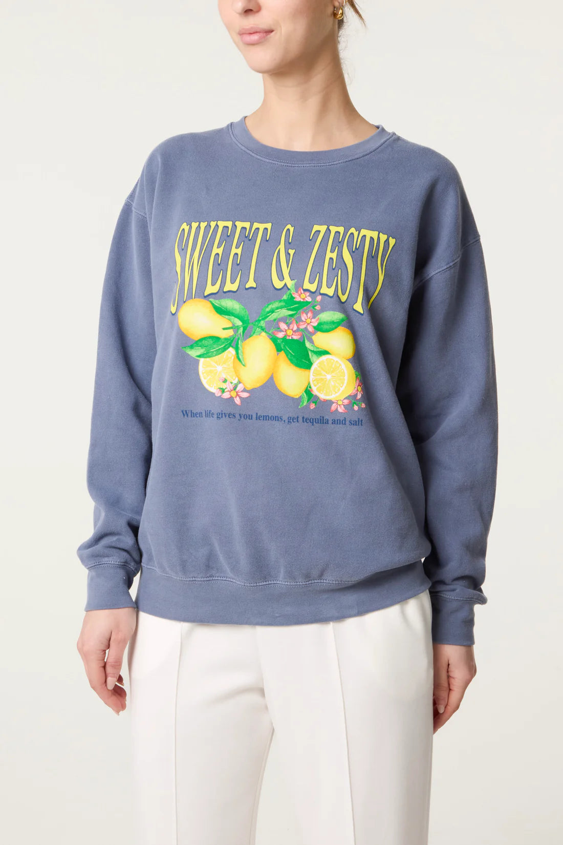 Sweet & Zesty Lemon Graphic Sweatshirt - Faded Denim Blue Or Soft Pink