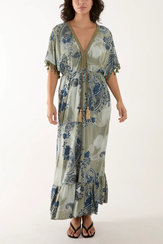 Flora Paisley Print Tassel Maxi Dress - Light Khaki