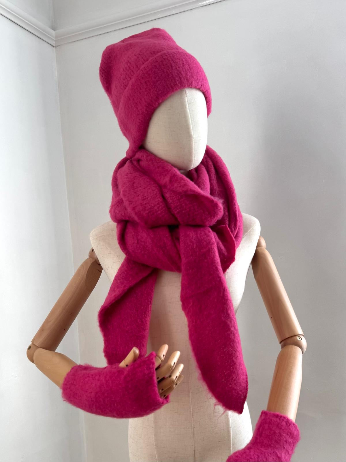 Super Soft Beanie Hat, Blanket Scarf & Fingerless Gloves Set Deep pink magenta cerise fuschia 