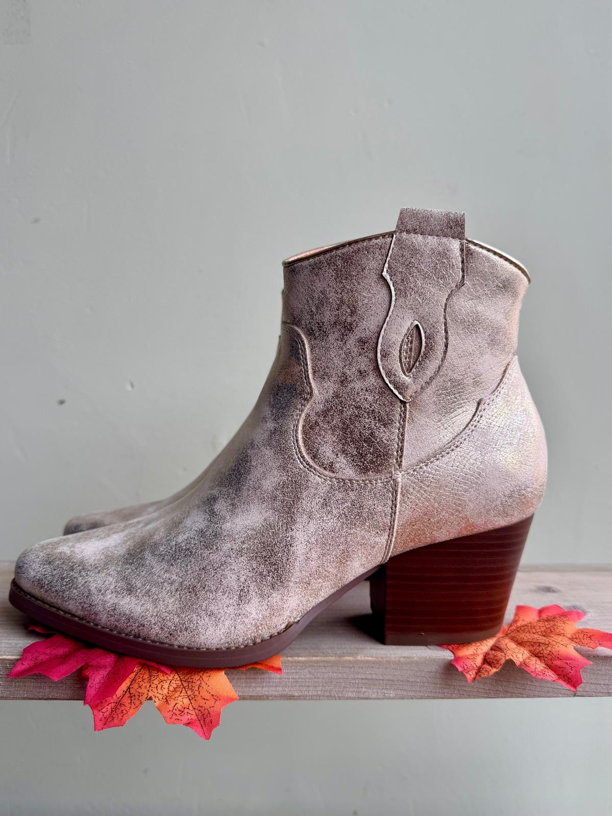 Matte Antiqued Gold Cowboy Ankle Boots