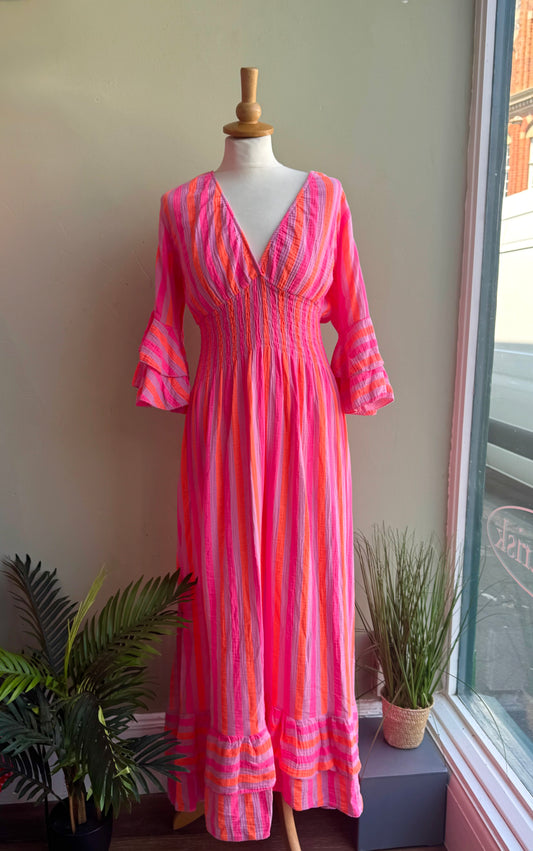 Tia Neon Pink & Orange Striped Shirred Waist Maxi Dress