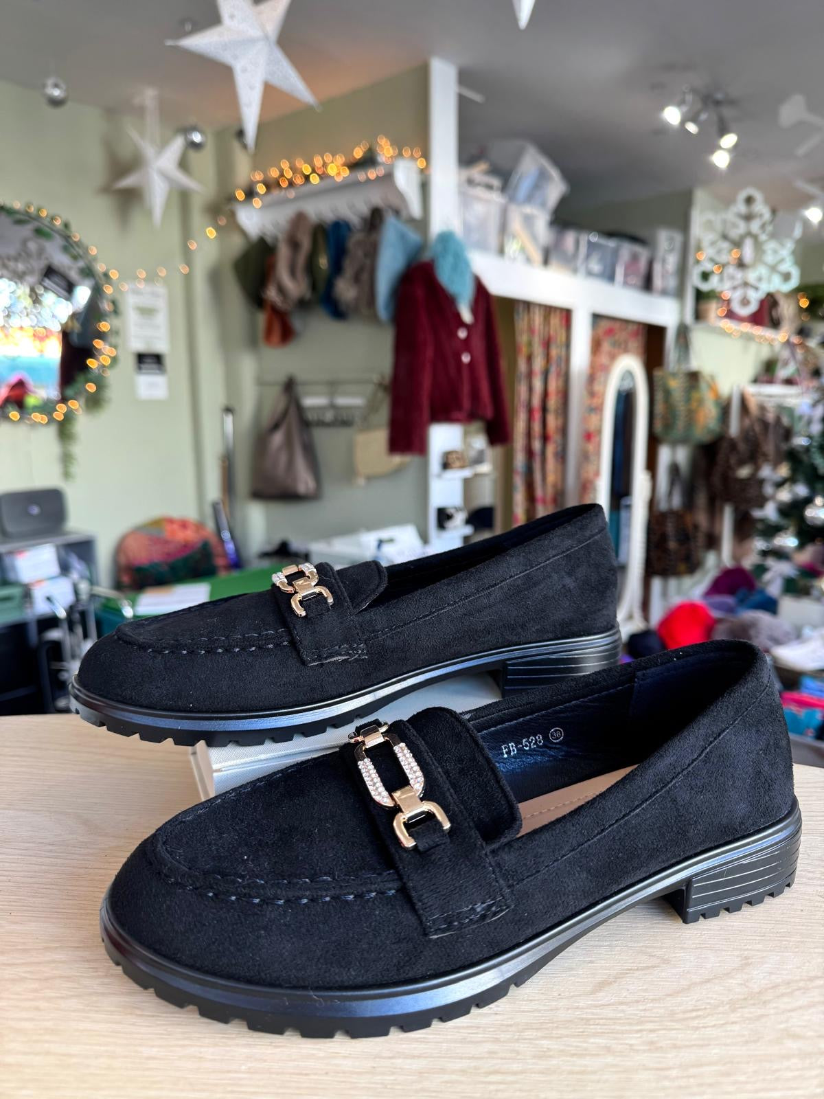 Black Faux Suede Classic Loafers With Gold Chain Trim