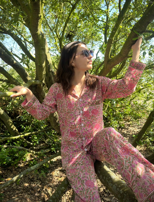 Tamarisk Bazaar Luxury Hand-Printed Indian Cotton Pyjamas- Pink Floral