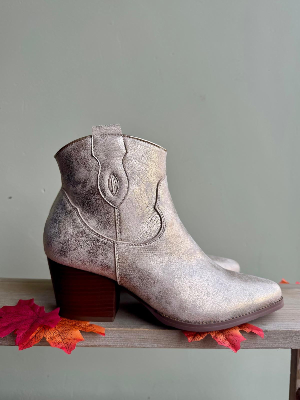 Matte Antiqued Gold Cowboy Ankle Boots