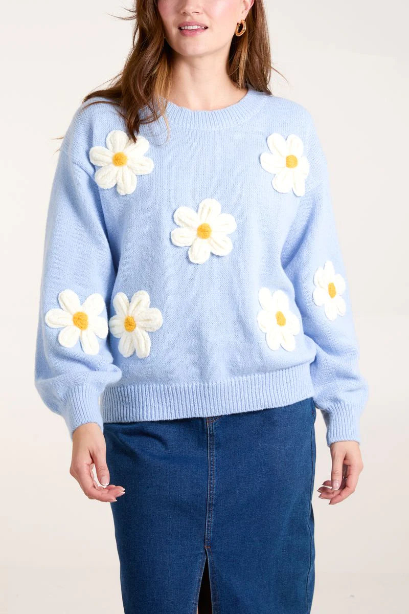 Pastel Blue Chunky Crochet Flower Appliqué  Crew Neck Jumper