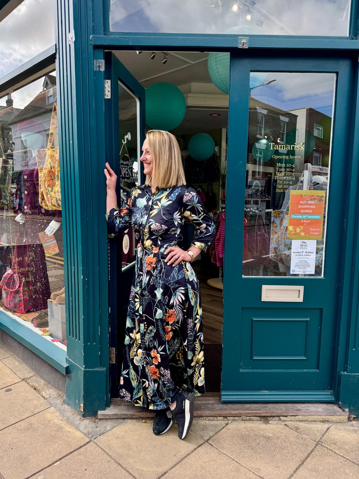 Abbi Navy Satin Botanical Print Maxi Shirt Dress
