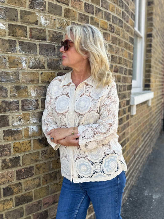 Celia Cotton Crocheted Long Sleeve Shirt - Beige Or Ivory