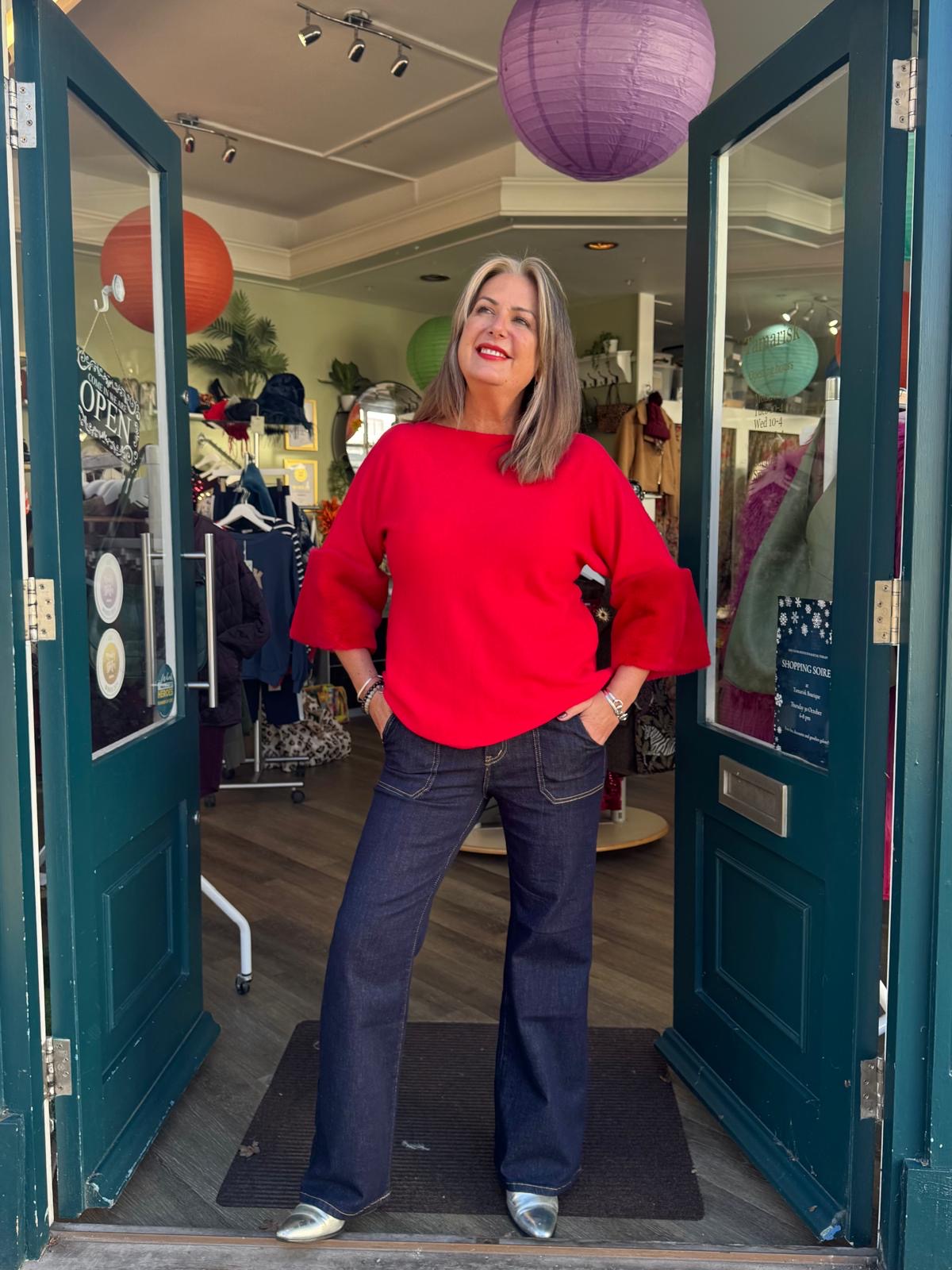 Mariah Knitted Jumper With Large Faux Fur Cuffs - Red or Black