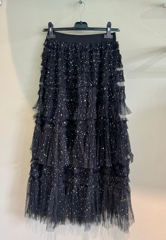 Natalia Black Frill Tulle Skirt With Silver Sequins