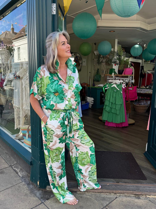 Ginny Floral Satin Co-Ord Shirt & Trousers Set - Green Or Black