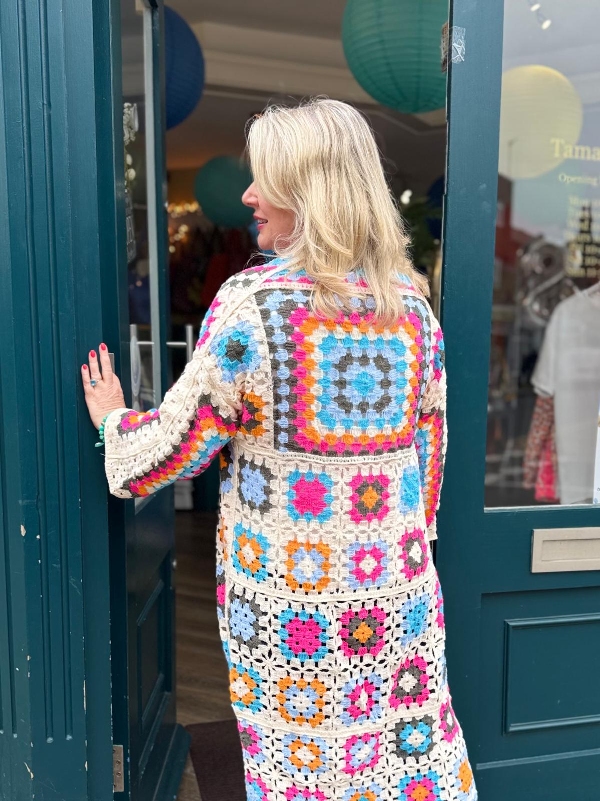 Ashley Boho Crochet Long Kimono  Cardigan- Multicoloured