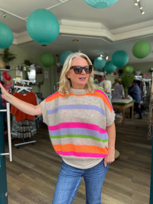 Mia Relaxed Fit Multi Stripe Short Sleeve Mohair Blend Jumper