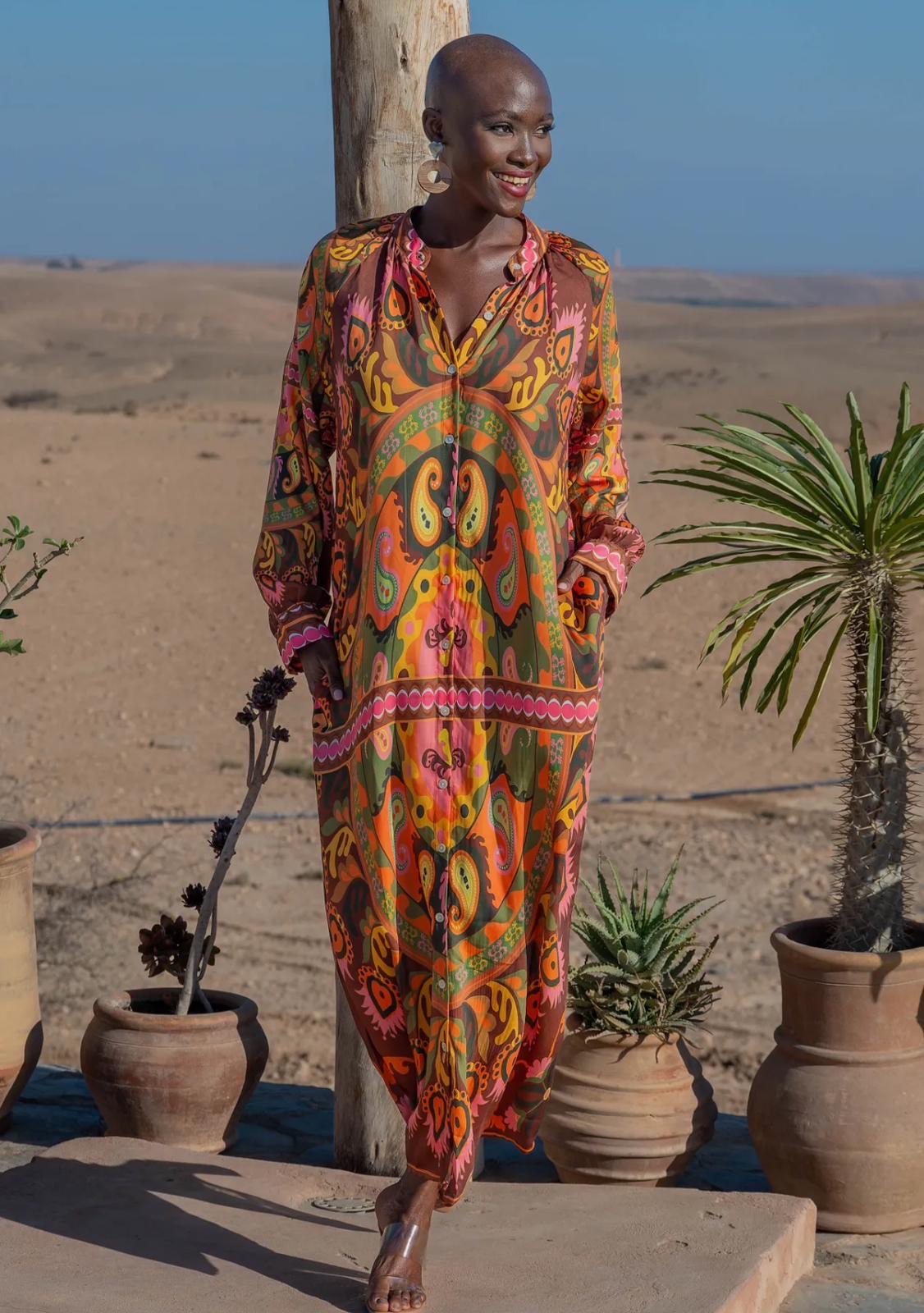 Zenia 70s Inspired Satin Scarf Print Maxi Kaftan - Brown, Green, Pink