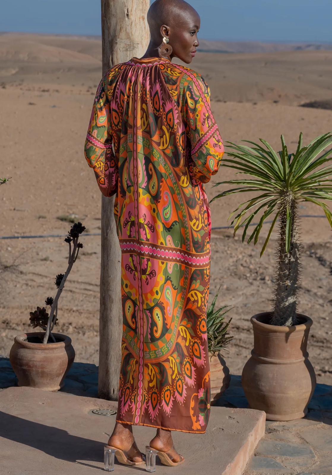 Zenia 70s Inspired Satin Scarf Print Maxi Kaftan - Brown, Green, Pink