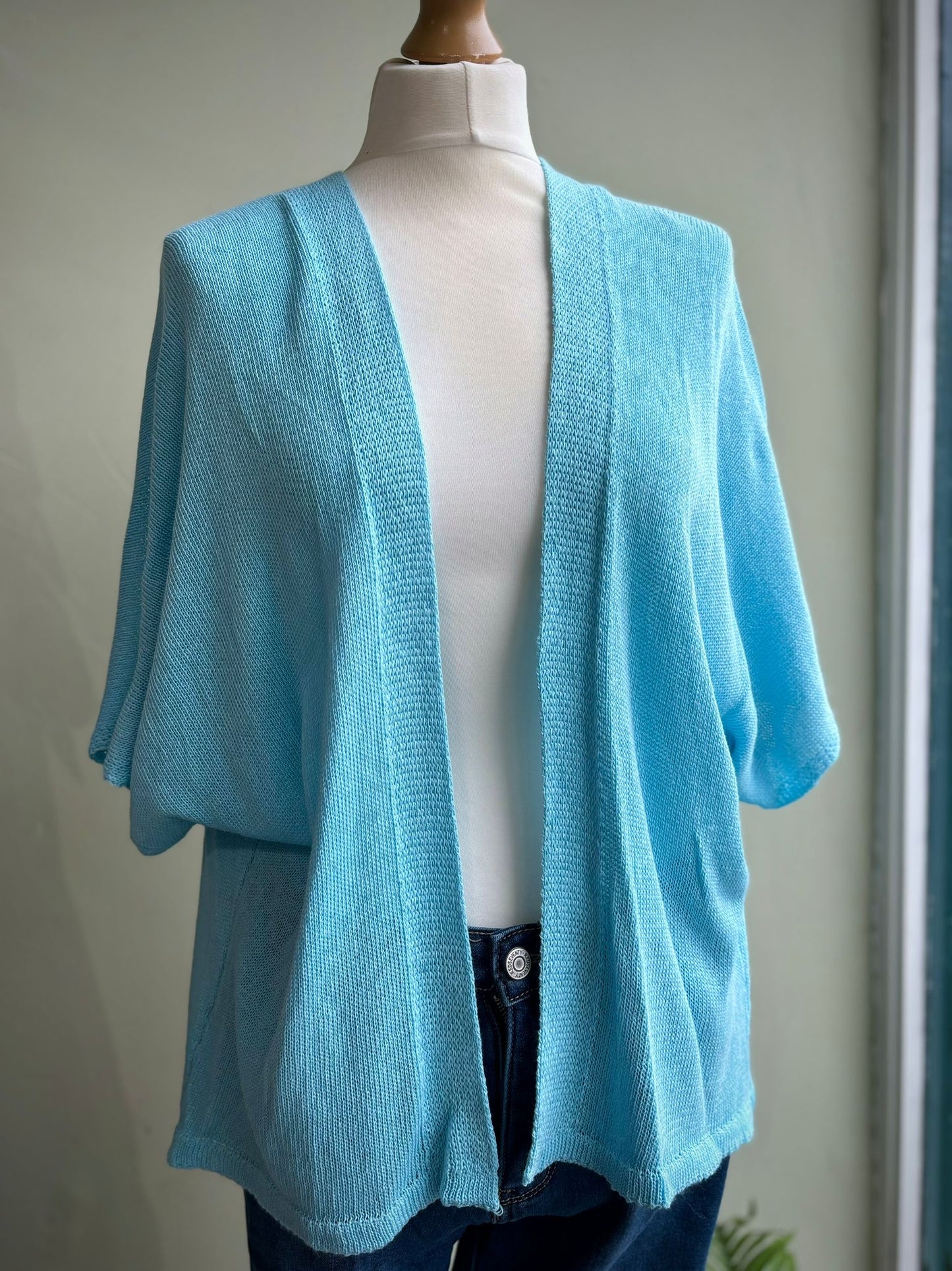 Lightweight Cotton Blend Kimono Sleeve Open Cardigan - light aqua 