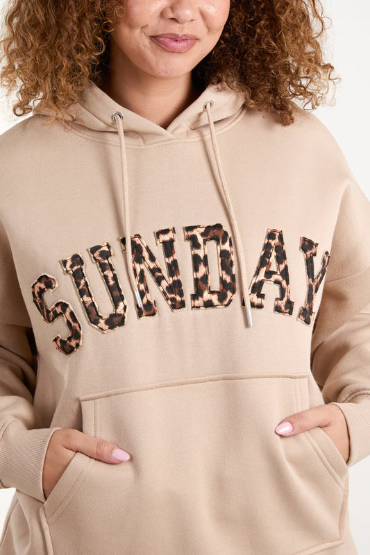 Sunday Warm Beige Hooded Sweatshirt With Leopard Print “Sunday” Appliqué Logo