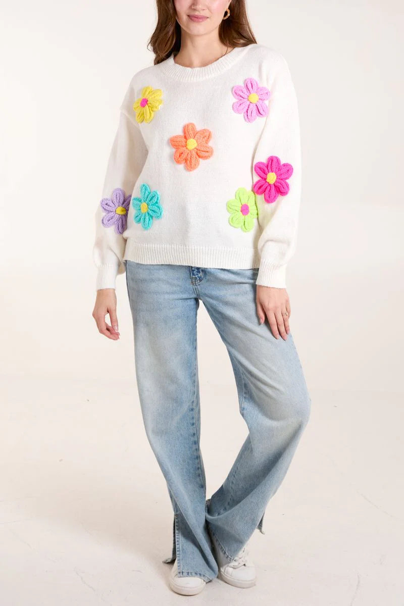 Cream Crew Neck Jumper With Chunky Multicolour Crocheted Appliqué Flowers