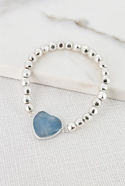 Envy Jewellery Silver Toned Beaded Bracelet With Blue Agate Heart