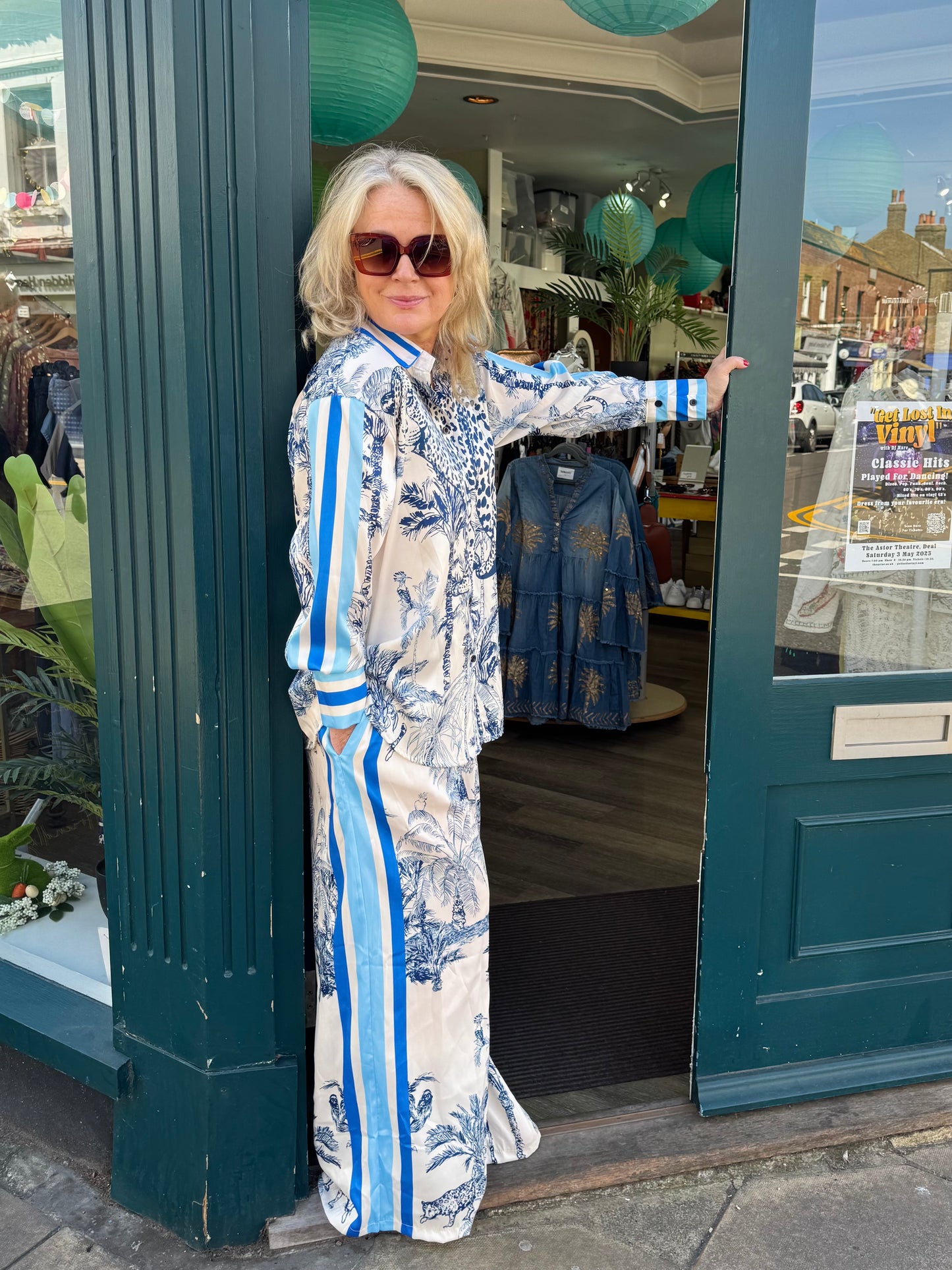 Lois Jungle Print Blue & White Co-Ord Trouser Suit With Stripe Trim