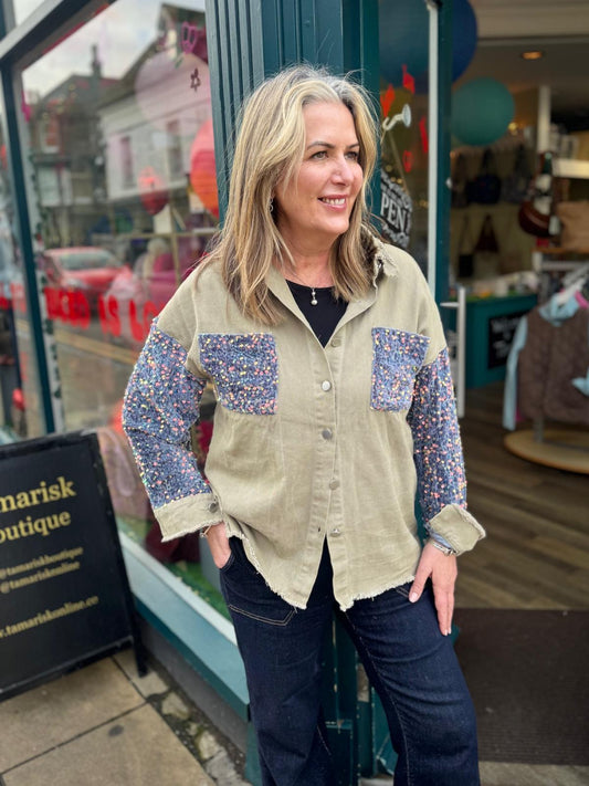 Zoe Canvas Shacket With Full Sequin Sleeves - Khaki