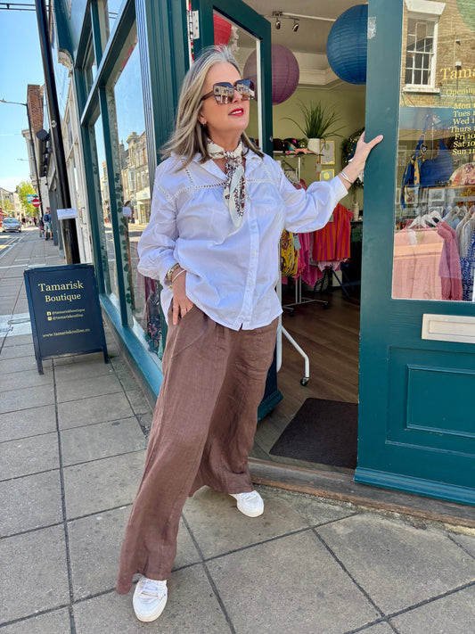 Zoe Chocolate Brown Wide Leg Linen Trousers