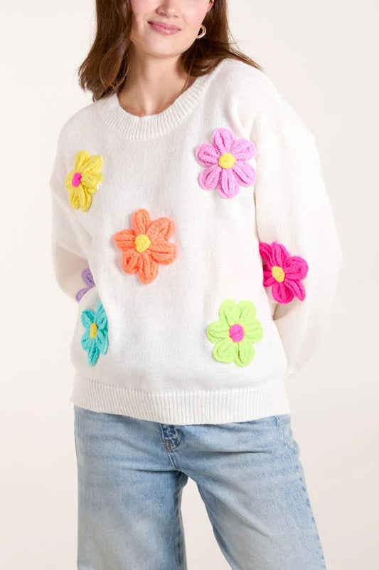 Cream Crew Neck Jumper With Chunky Multicolour Crocheted Appliqué Flowers