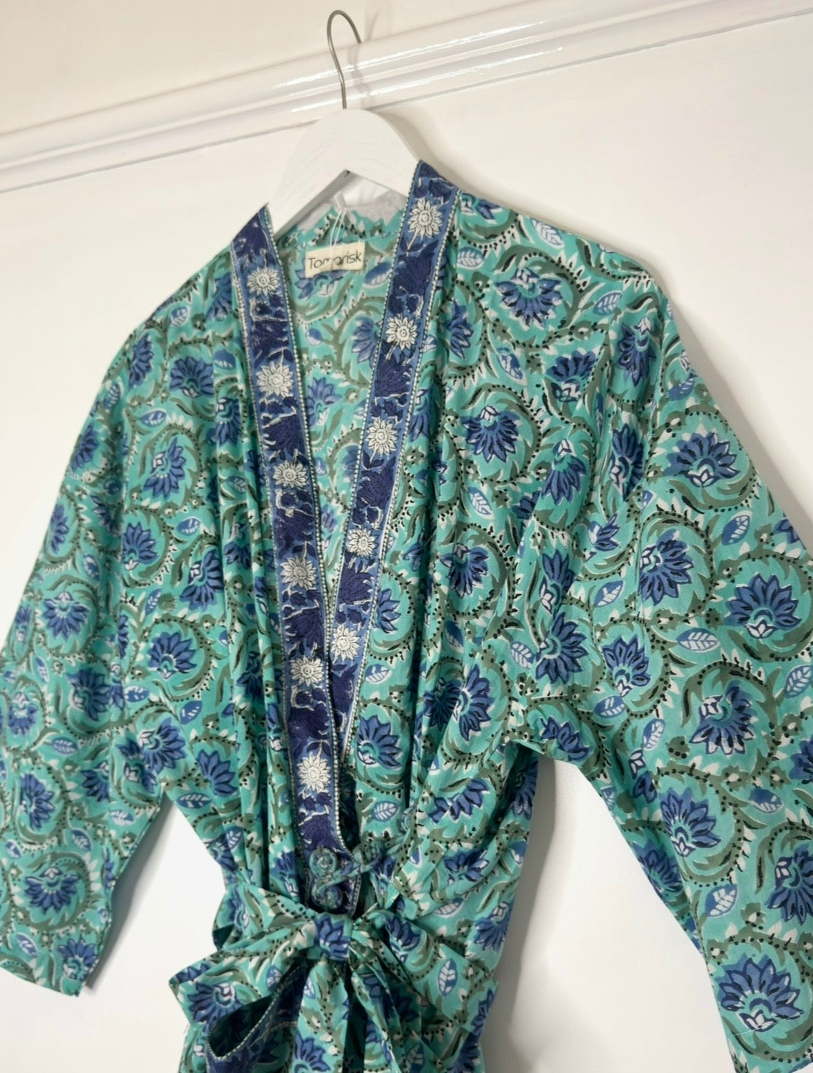Tamarisk Bazaar Luxury Hand-Block Printed Indian Cotton Dressing Gown Robe - Blue & Green