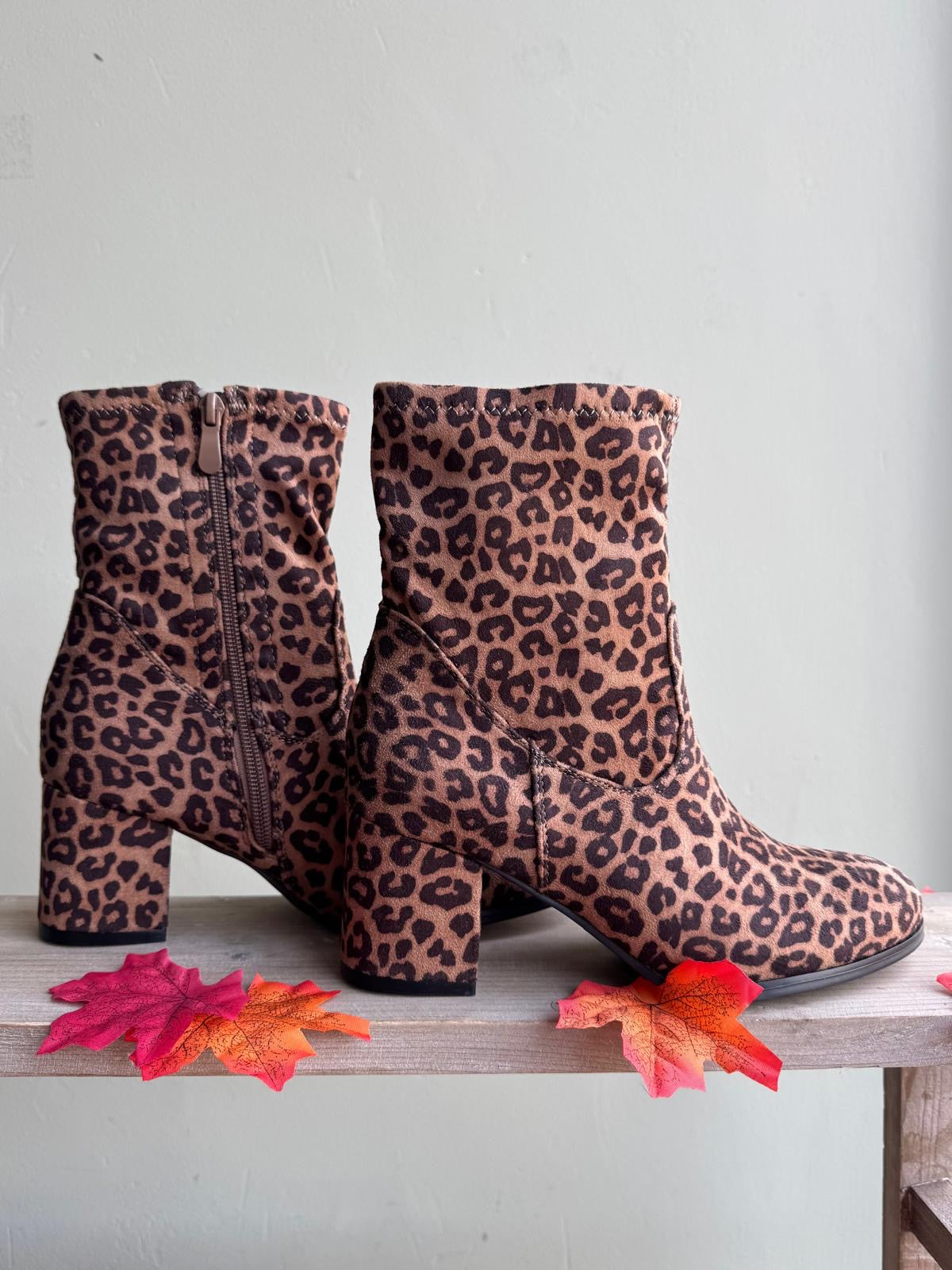 Leopard Print Block Heel Faux Suede Ankle Boots