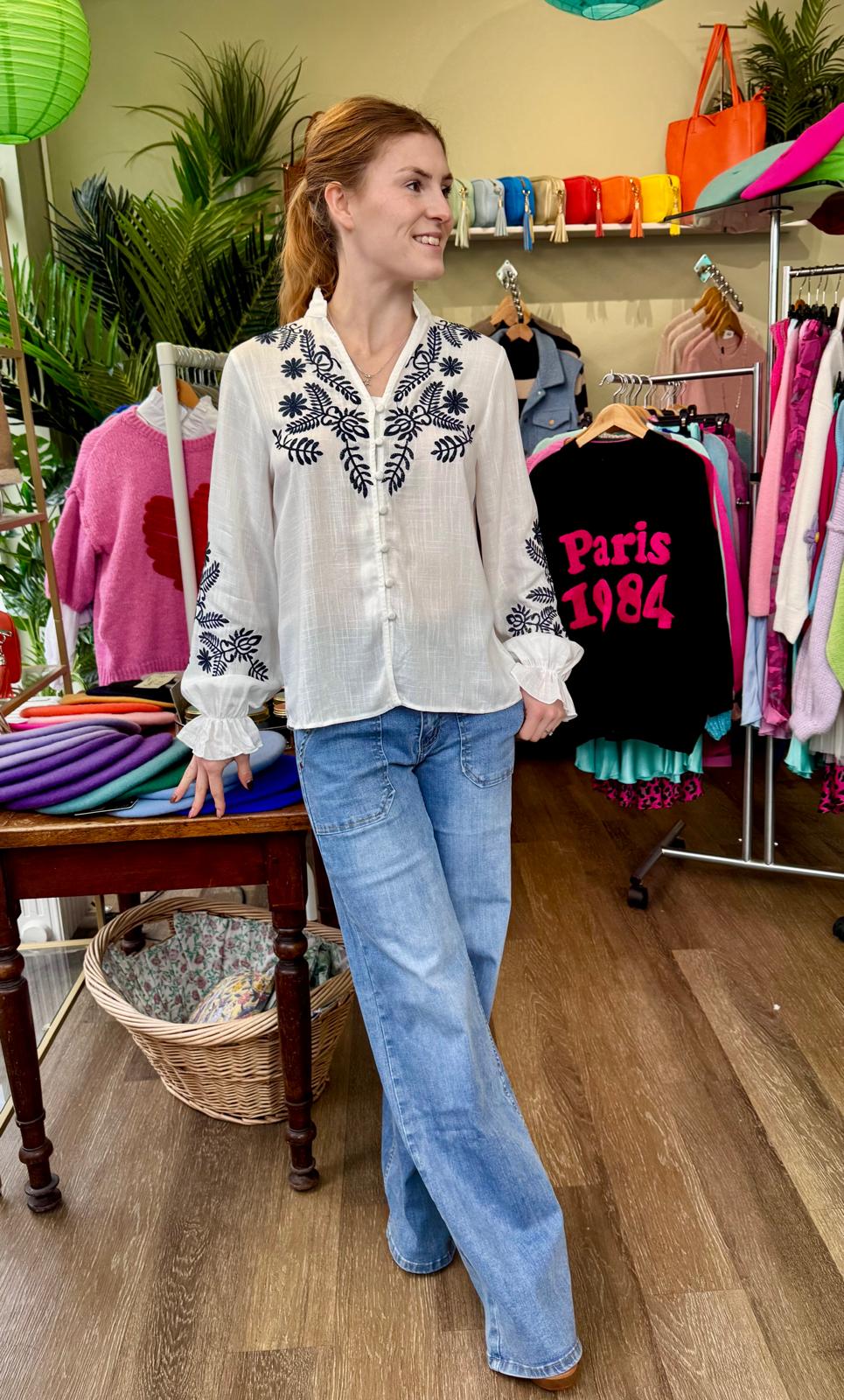 Ines Linen Blend Heavily Embroidered Boho Blouse - Navy Or Ivory