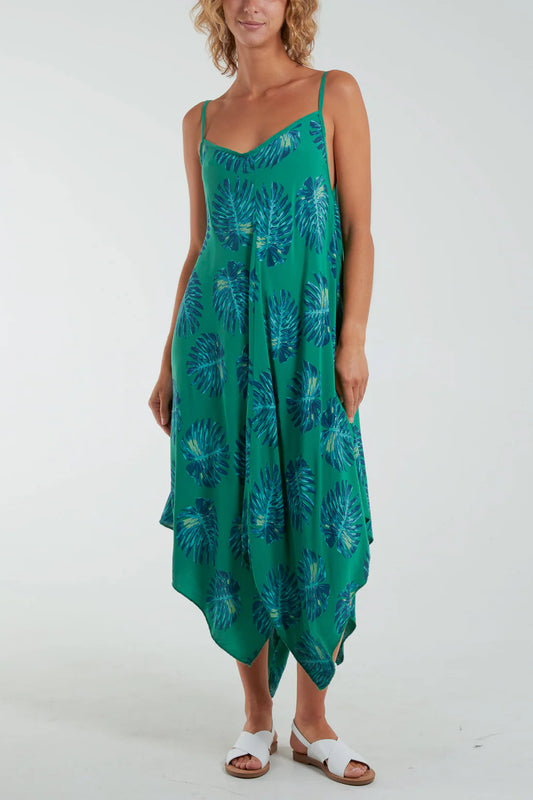 Lydia Green Palm Print Strappy Maxi Dress - Handkerchief Hem