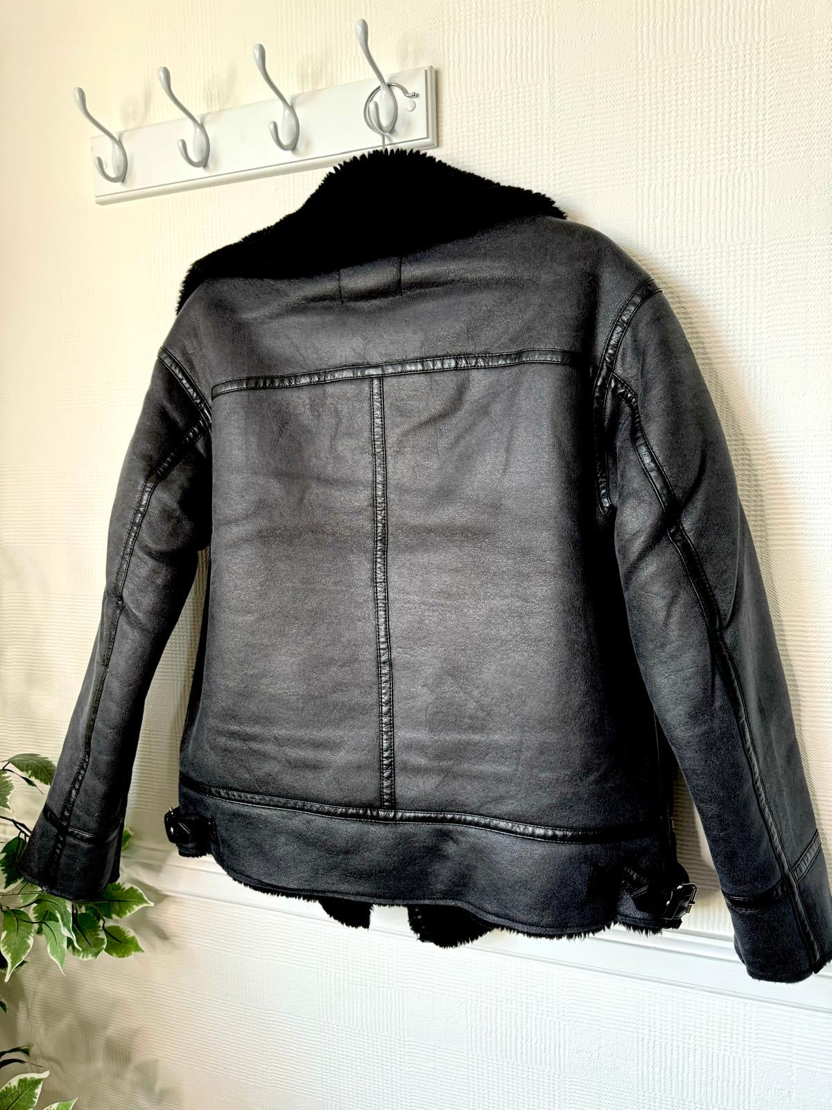 Phoebe Black Faux Shearling Biker/Aviator/Flying Jacket