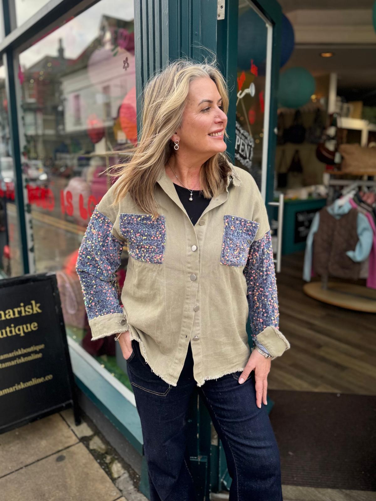 Zoe Canvas Shacket With Full Sequin Sleeves - Khaki