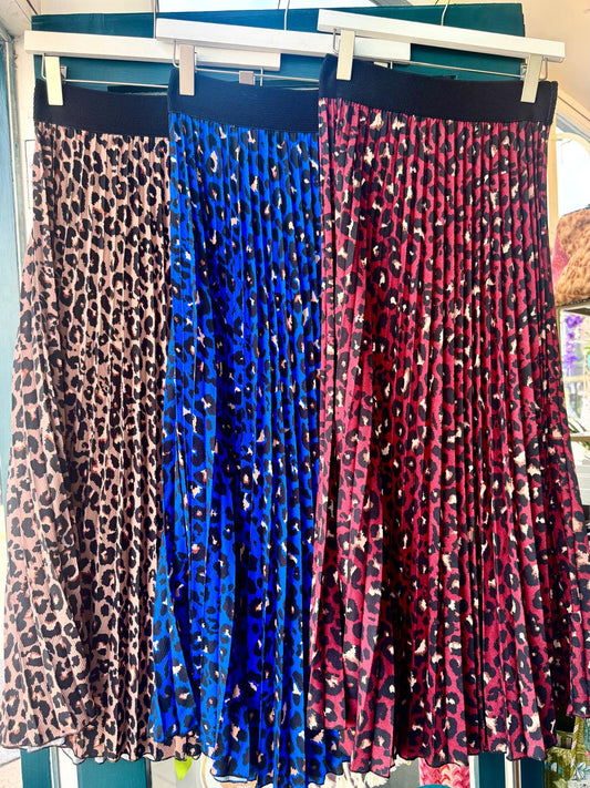 Jodie Sunray Pleated Leopard Print Maxi Skirt - Royal Blue, Burgundy Or Mocha