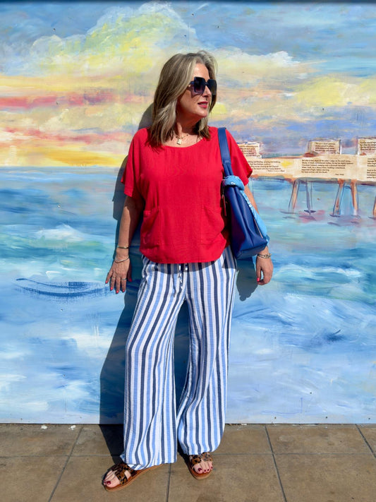 Verity Cotton Cheesecloth Blue & White Striped Wide Trousers