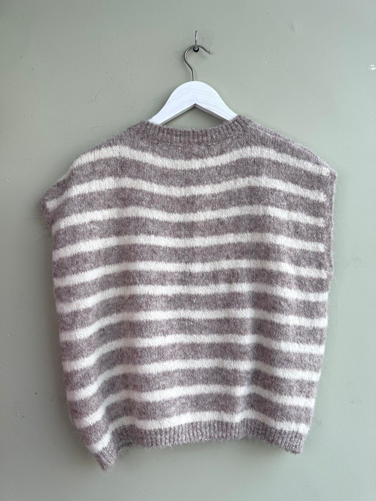 Geena Fluffy Knit Striped Waistcoat- Taupe & Cream