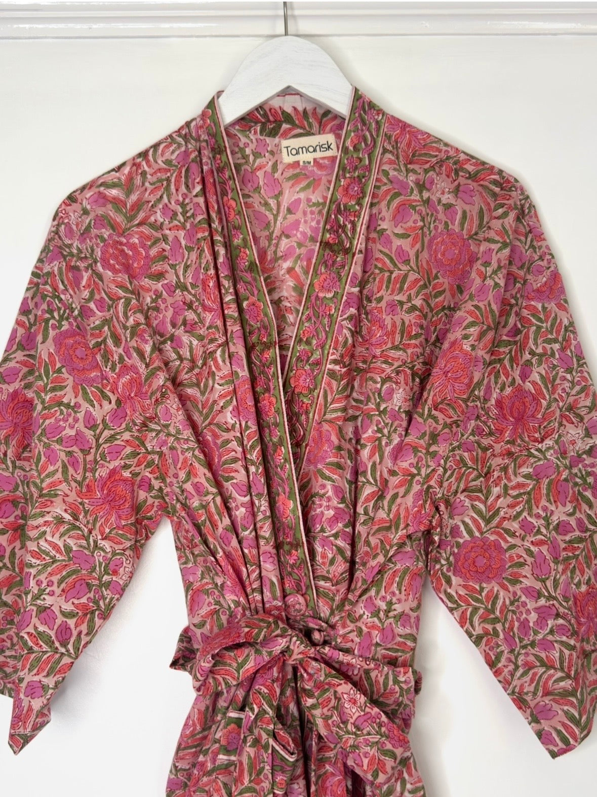 Tamarisk Bazaar Luxury Hand Printed Indian Cotton Robe Dressing Gown - Pink Floral