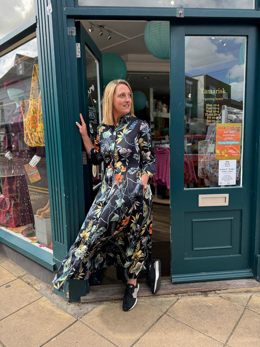 Abbi Navy Satin Botanical Print Maxi Shirt Dress