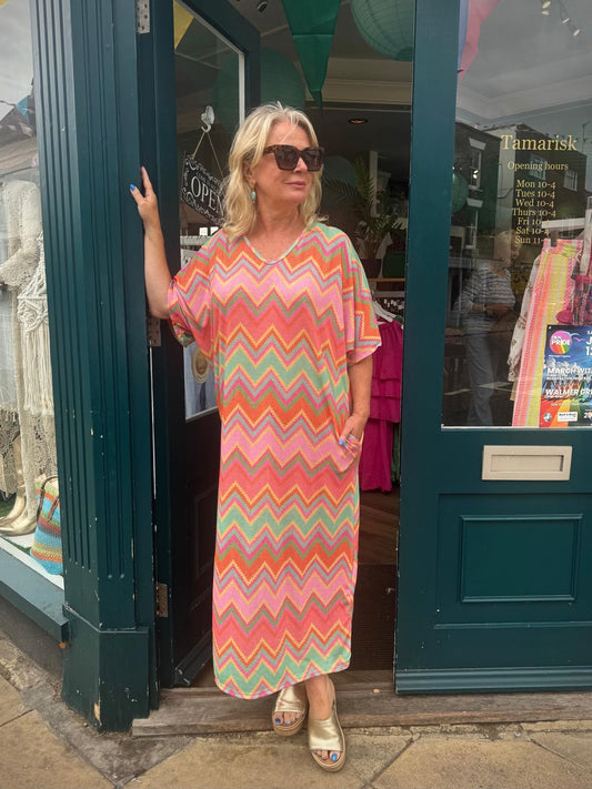 Alex Zig Zag Maxi Dress With Large Bow Back Fastening