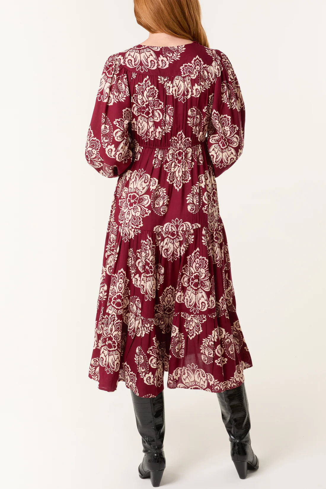 Chloe Empire Line Long Sleeve Midi Dress - Black Or Burgundy Floral Print