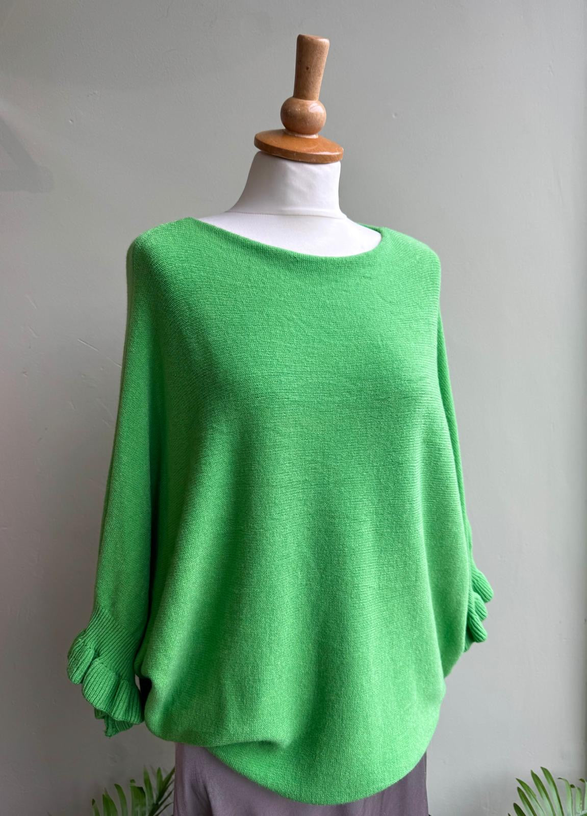 green Frill Cuff Batwing Sleeve Jumper